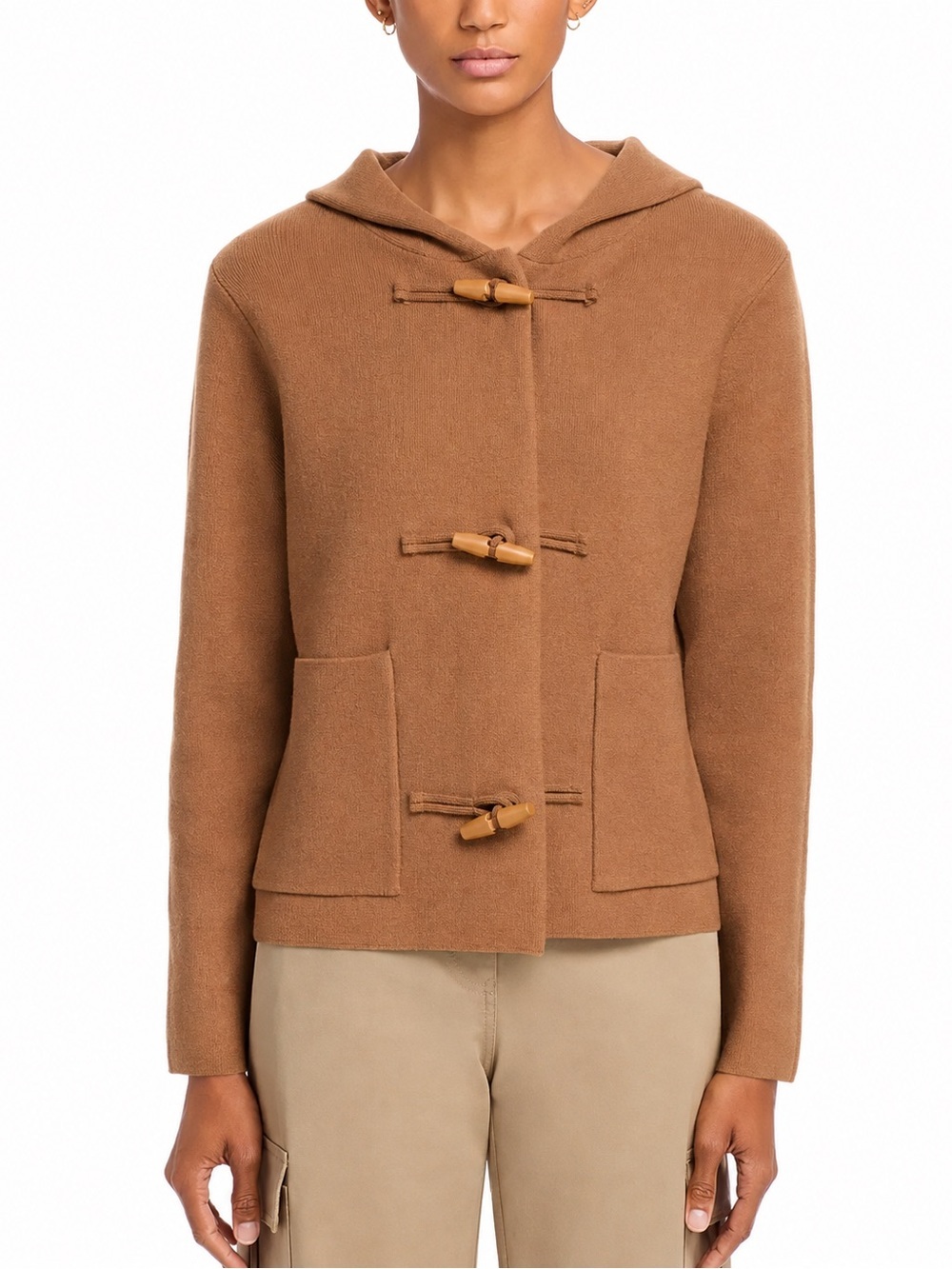 SIONI Double Knit Toggle Hooded Jacket Camel Size Small
